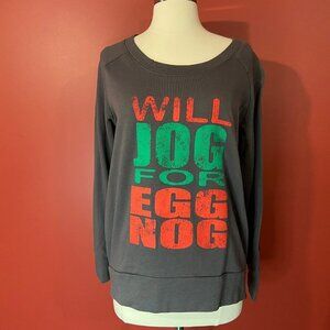 OMT ACTIVE Women's Grey "Will Jog for Eggnog" Holiday Sweater - Size Small - NWT